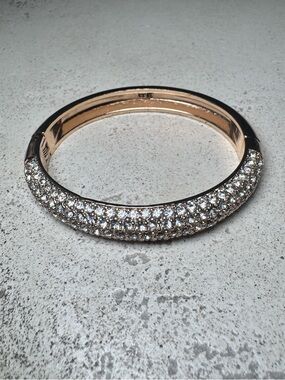 Gold Tone Pavé Rhinestone Hinged Bangle Bracelet